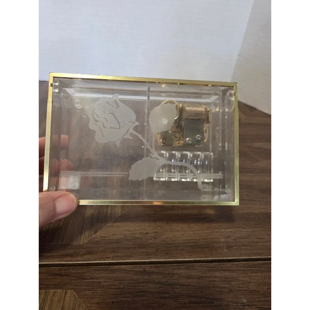 Vintage Clear Acrylic Music Jewelry Box Etched Rose Gold Tone Trim 6in